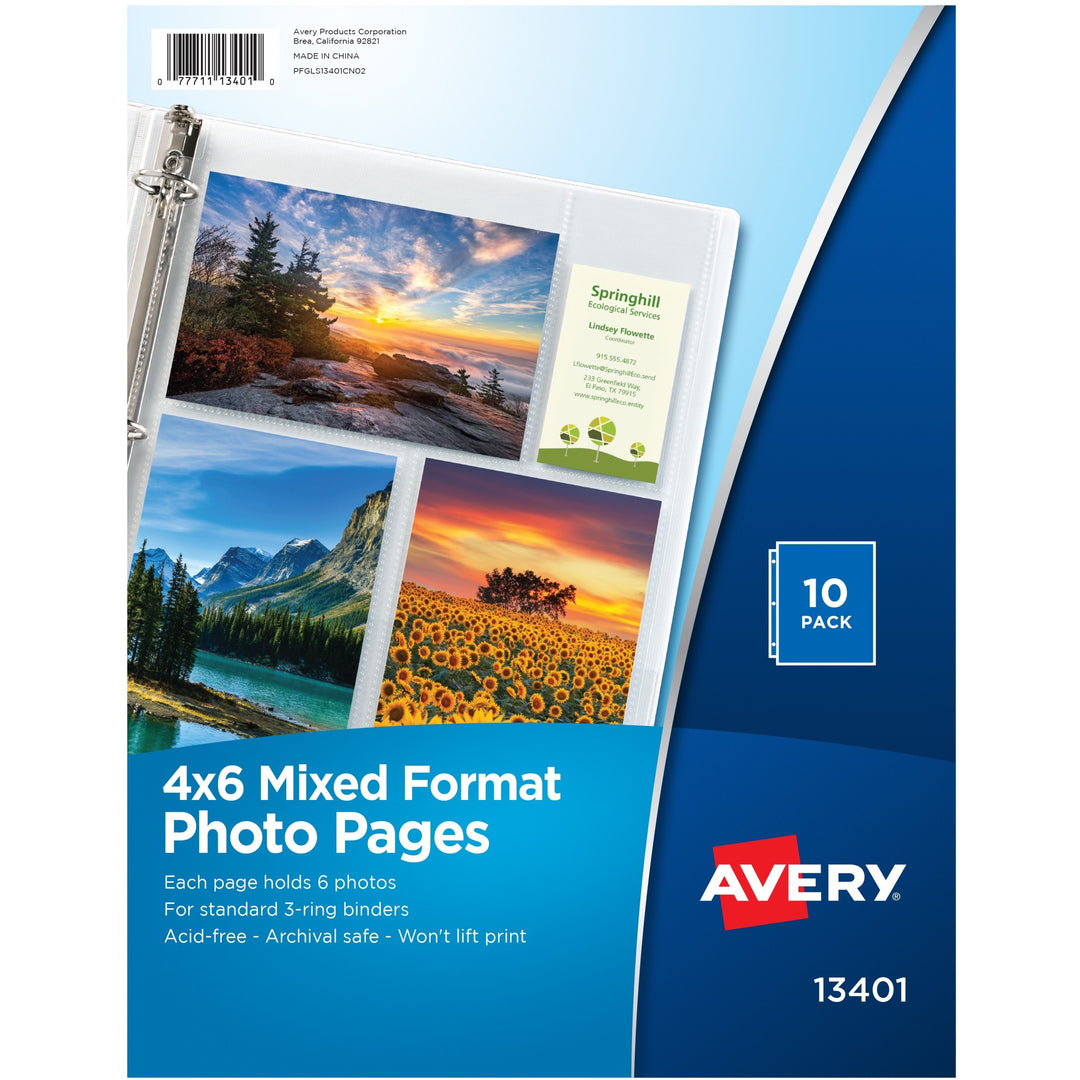 Image of Avery® Clear Mixed Format Photo Album Pages, 10ct (13401), 4" W x 6" Length, 3-ring Binding, 10 / Pack