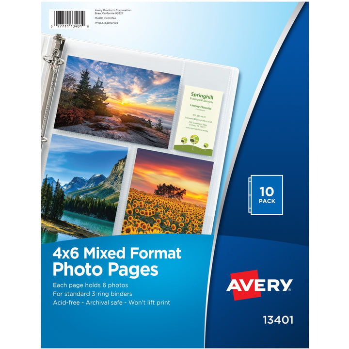 Image of Avery® Clear Mixed Format Photo Album Pages, 10ct (13401), 4" W x 6" Length, 3-ring Binding, 10 / Pack