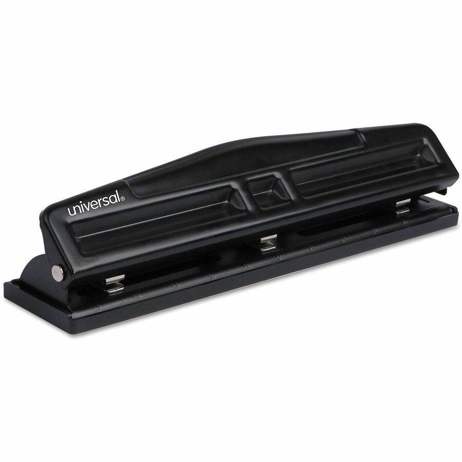 Image of Universal UNV-74323 Deluxe Hole Punch, 3 Punch Head(s), 12 Sheet, 9/32" Punch Size, Round Shape, Black, 1 Each