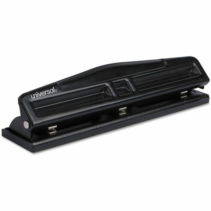 Image of Universal UNV-74323 Deluxe Hole Punch, 3 Punch Head(s), 12 Sheet, 9/32" Punch Size, Round Shape, Black, 1 Each