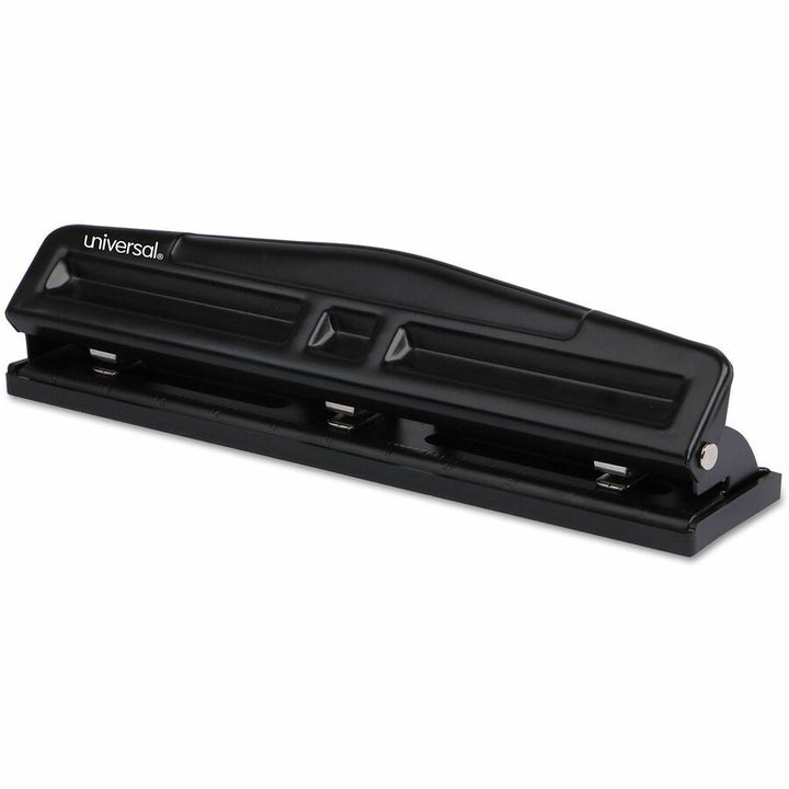 Image of Universal UNV-74323 Deluxe Hole Punch, 3 Punch Head(s), 12 Sheet, 9/32" Punch Size, Round Shape, Black, 1 Each