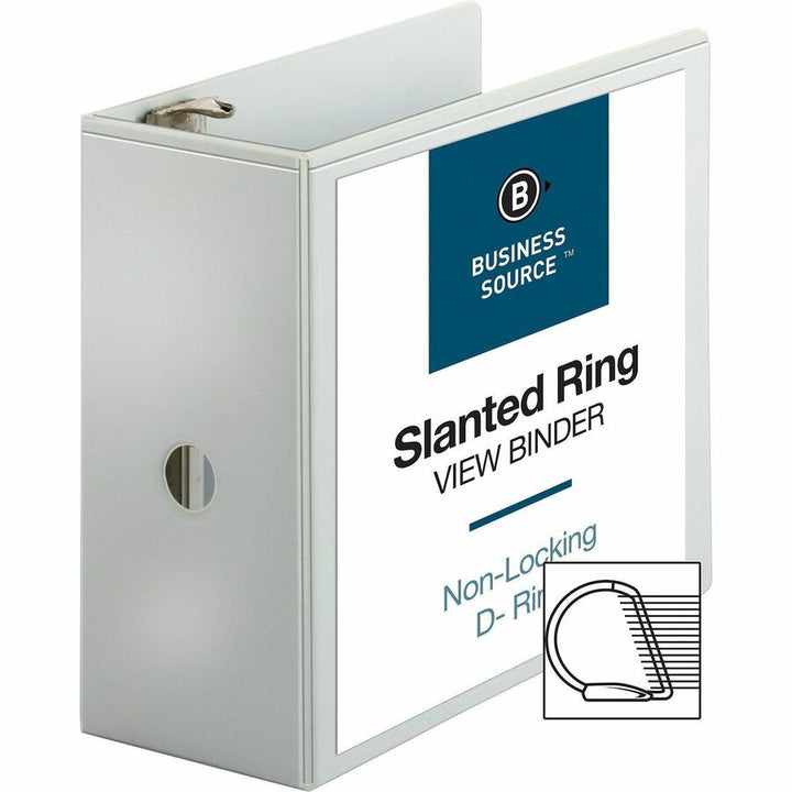 Image of Business Source D-Ring Binder, w/Pockets, 5" Cap, 8-1/2"x11", White