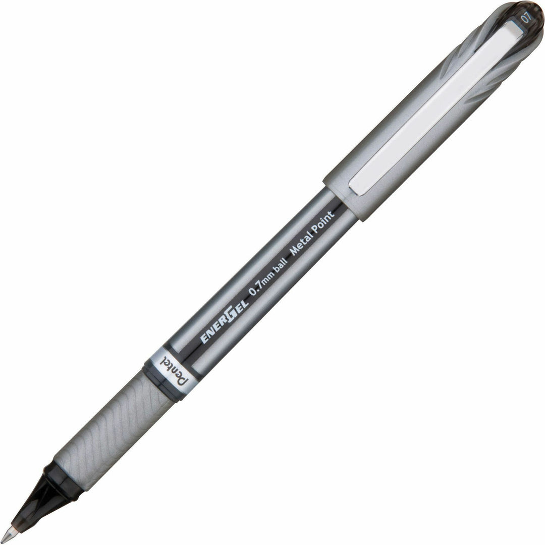 Image of Pentel® EnerGel NV Gel Pen, Stick, Medium 0.7 mm, Black Ink, Gray/Black Barrel, Dozen
