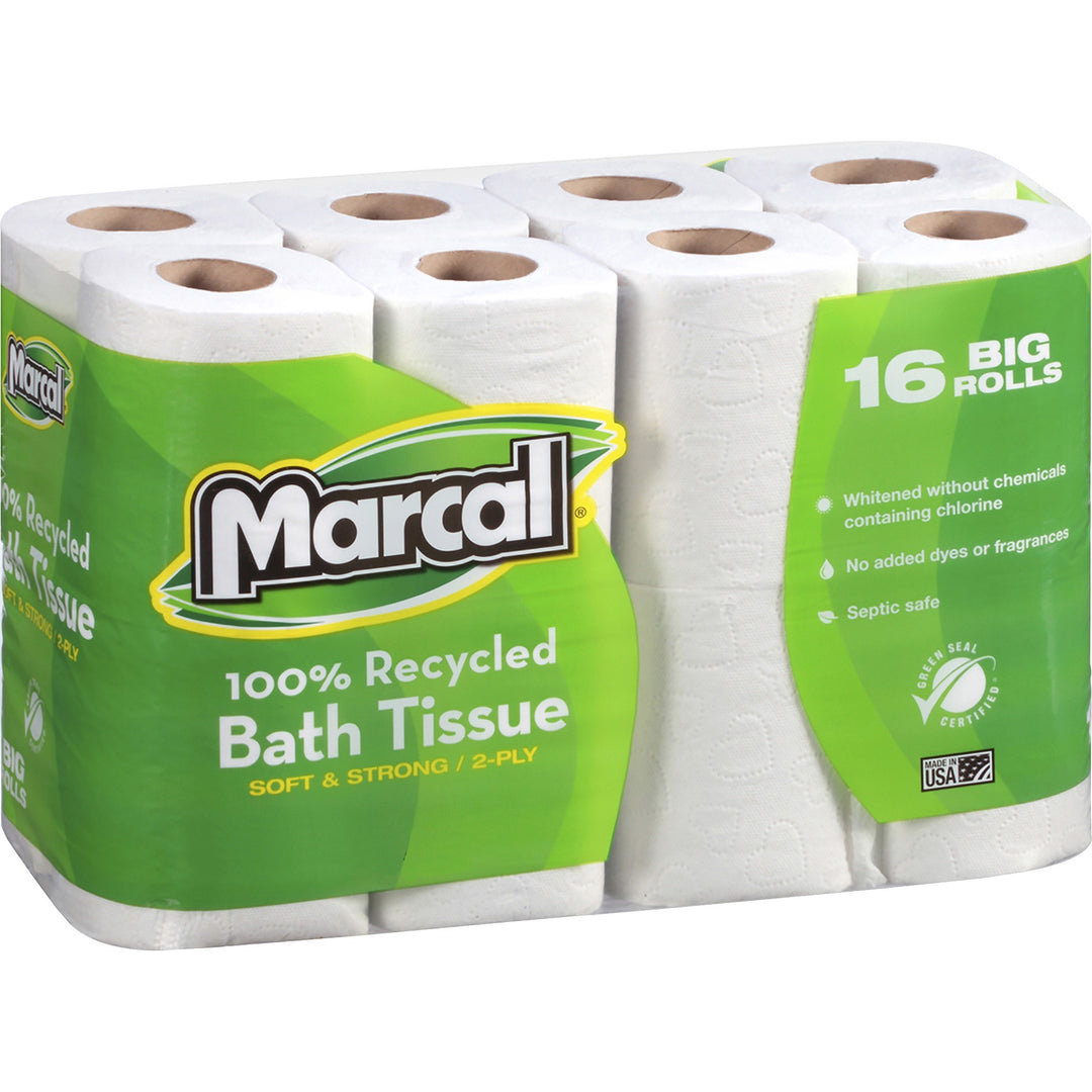Image of Marcal 16466 100% Recycled Soft/Strong Bath Tissue, 2 Ply, 4.20" W x 3.60" Length, 168 Sheets/Roll, White, 16 Rolls Per Pack, 1 Pack