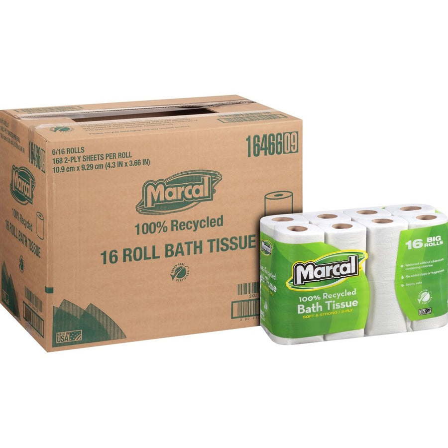 Image of Marcal 16466 100% Recycled Soft/Strong Bath Tissue, 2 Ply, 4.20" W x 3.60" Length, 168 Sheets/Roll, White, 16 Rolls Per Pack, 1 Pack