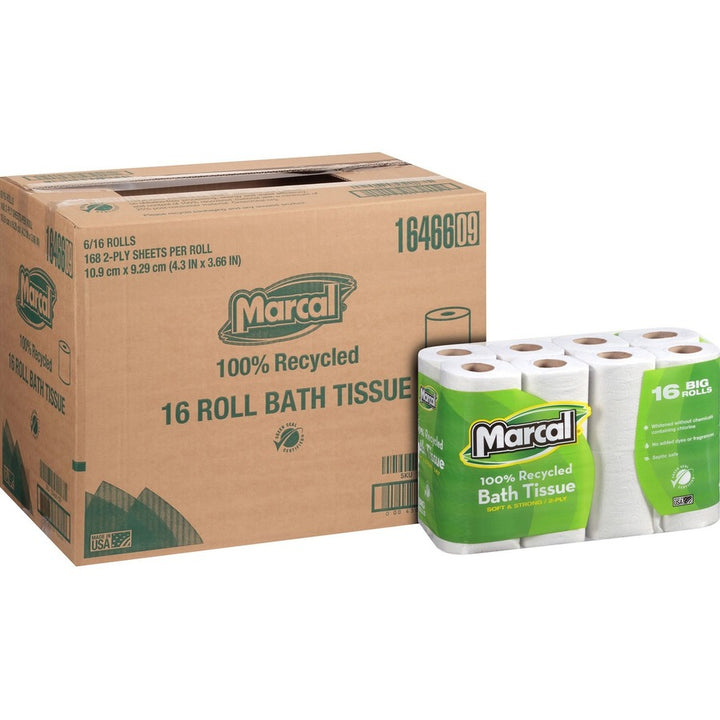 Image of Marcal 16466 100% Recycled Soft/Strong Bath Tissue, 2 Ply, 4.20" W x 3.60" Length, 168 Sheets/Roll, White, 16 Rolls Per Pack, 1 Pack