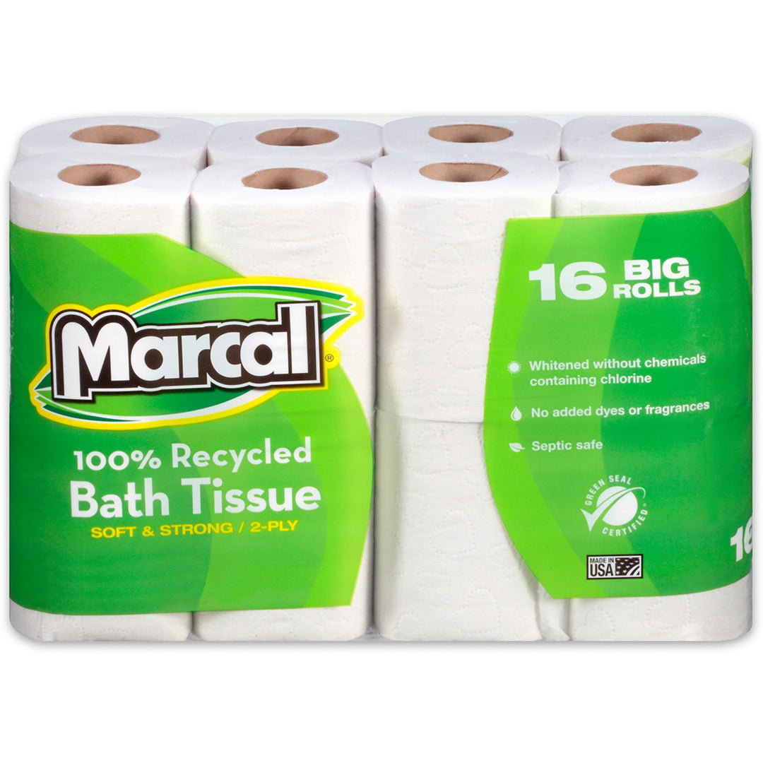Image of Marcal 16466 100% Recycled Soft/Strong Bath Tissue, 2 Ply, 4.20" W x 3.60" Length, 168 Sheets/Roll, White, 16 Rolls Per Pack, 1 Pack
