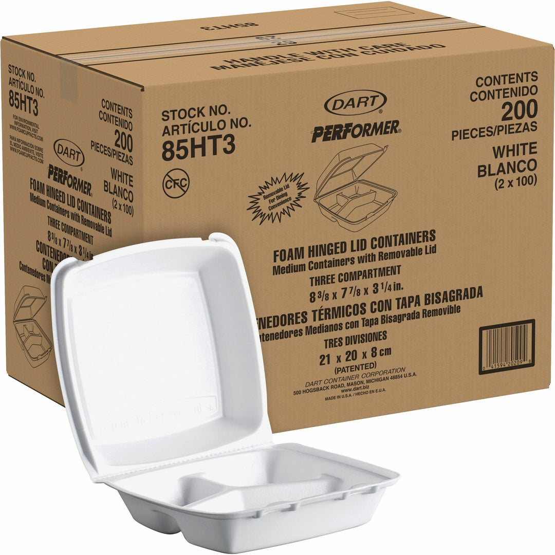 Image of Dart® 3-Comp Foam Container, 8-3/8"x7-7/8"x3-1/4", 200/CT, WE