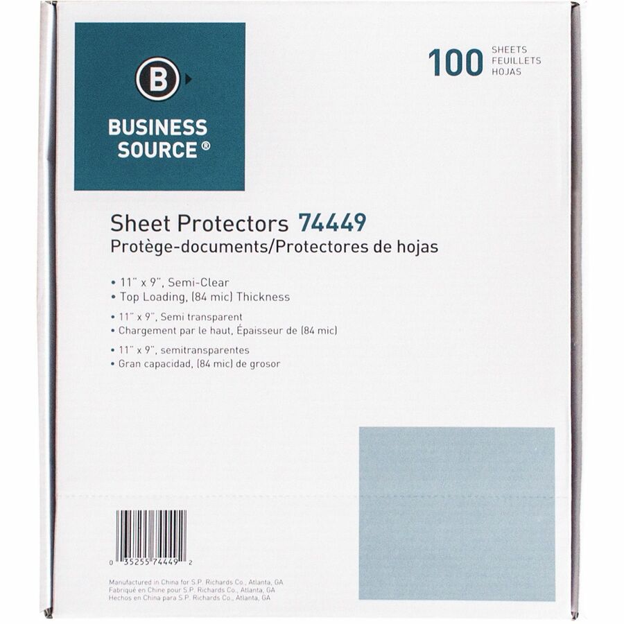 Image of Business Source Sheet Protectors,Top Load,3.3 mil,11"x8-1/2",100/BX,Nonglare