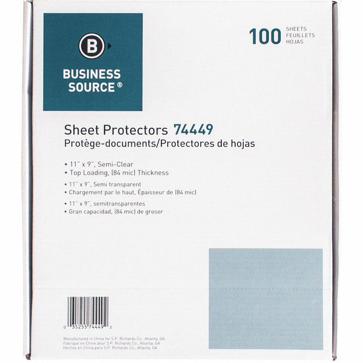 Image of Business Source Sheet Protectors,Top Load,3.3 mil,11"x8-1/2",100/BX,Nonglare