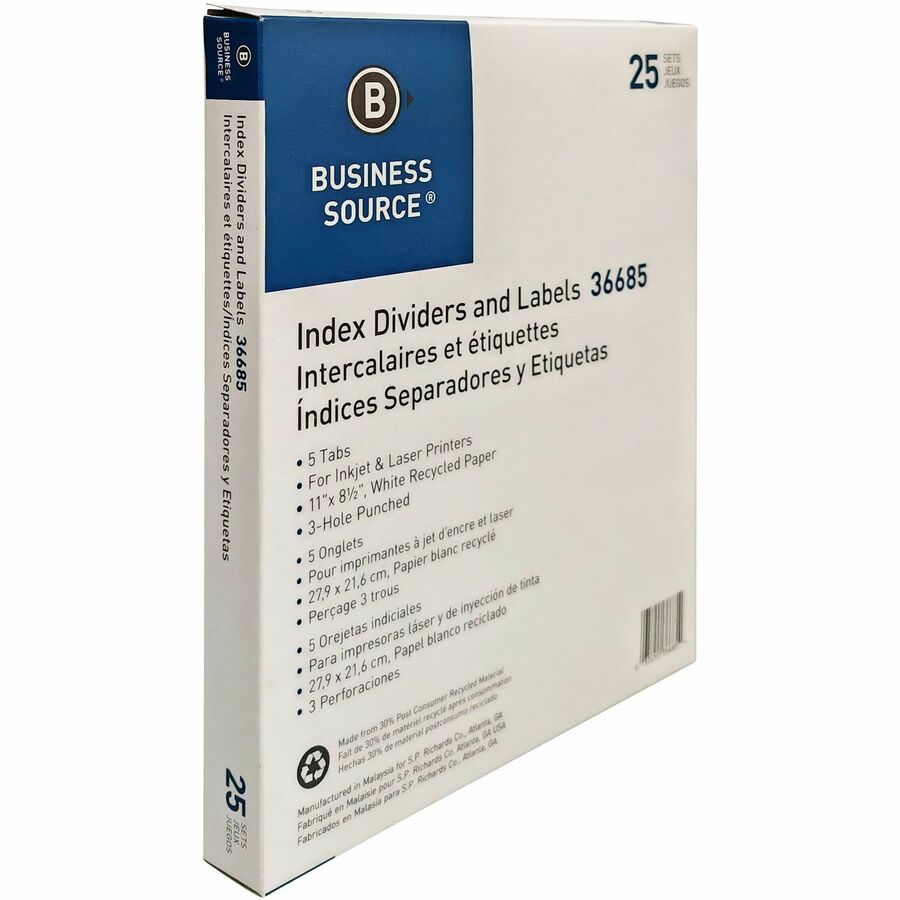 Image of Business Source Index Dividers, 3HP, 5-Tab, 25 ST/BX, 11"x8-1/2", White