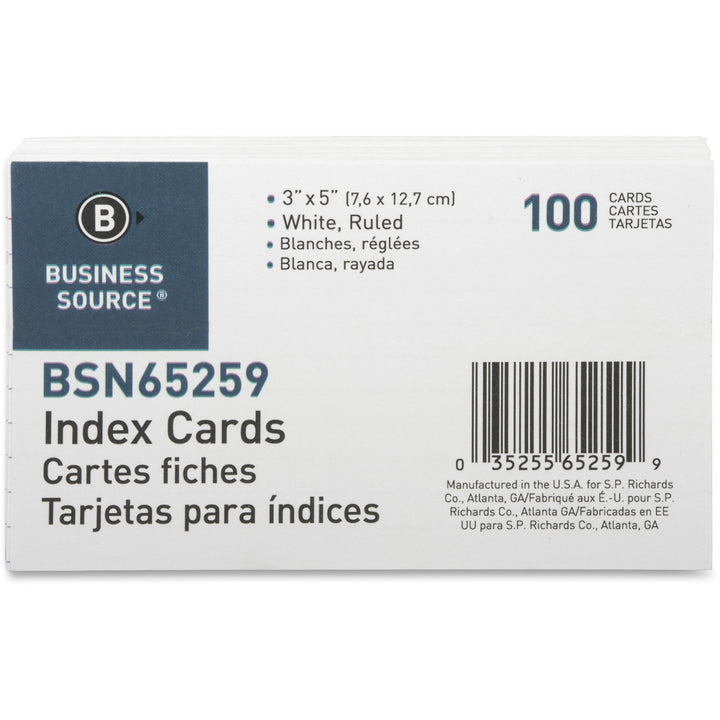 Image of Business Source Index Cards, Ruled, 72 lb., 3"x5", 100/PK, White