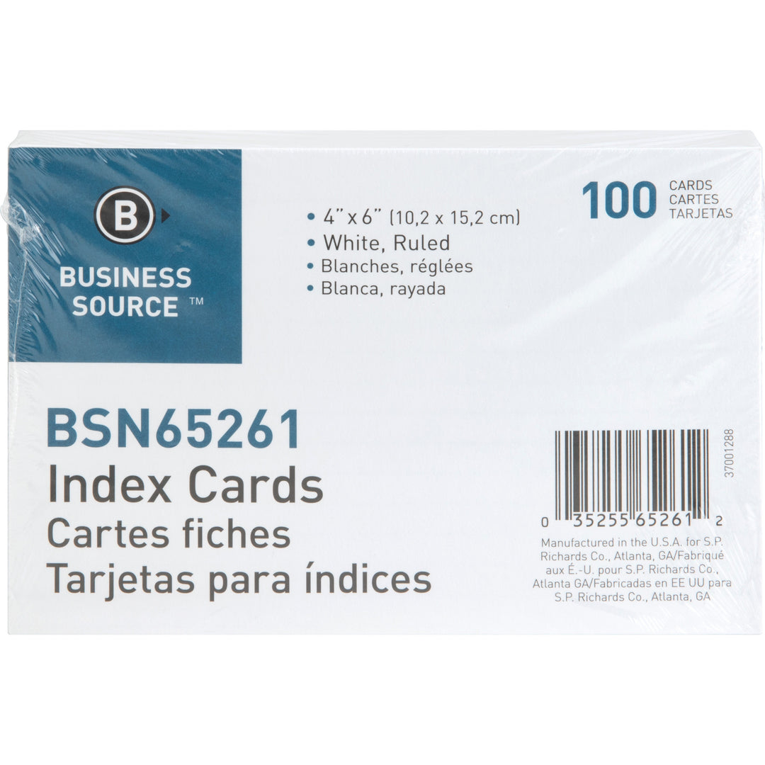 Image of Business Source Index Cards, Ruled, 72 lb., 4"x6", 100/PK, White