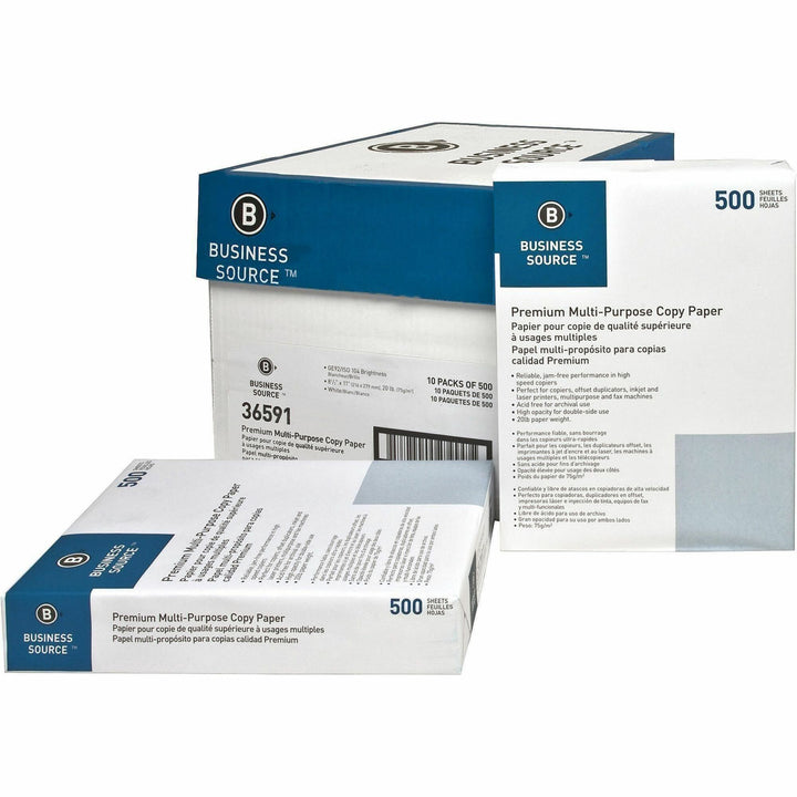Image of Business Source Multipurpose Paper,92 Bright,20lb,8-1/2"x11",500/RM,10/CT,WE
