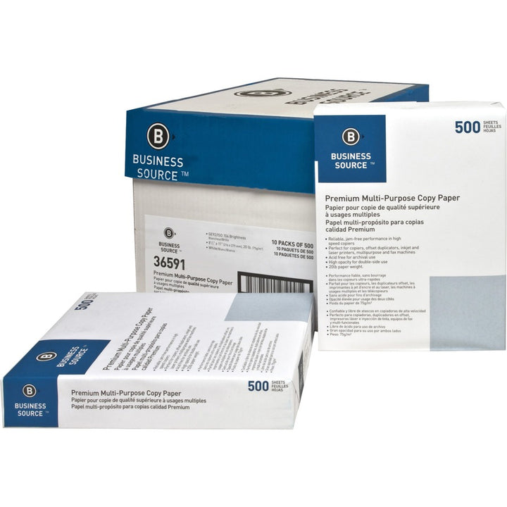 Image of Business Source Multipurpose Paper,92 Bright,20lb,8-1/2"x11",500/RM,10/CT,WE