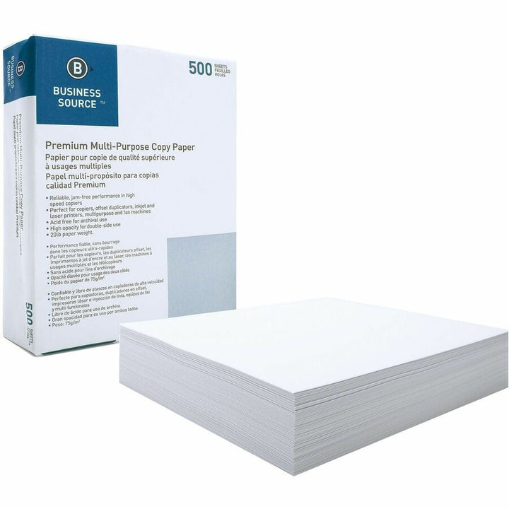Image of Business Source Multipurpose Paper,92 Bright,20lb,8-1/2"x11",500/RM,10/CT,WE