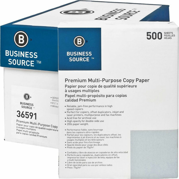 Image of Business Source Multipurpose Paper,92 Bright,20lb,8-1/2"x11",500/RM,10/CT,WE