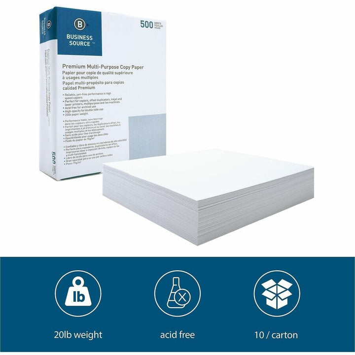 Image of Business Source Multipurpose Paper,92 Bright,20lb,8-1/2"x11",500/RM,10/CT,WE