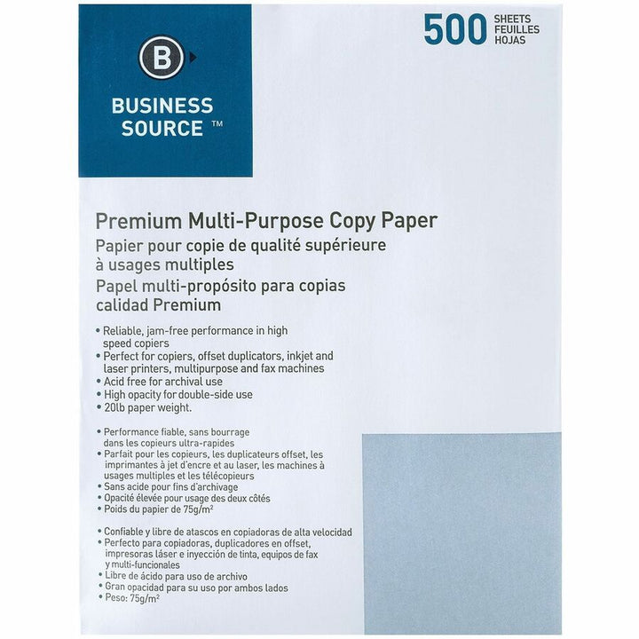 Image of Business Source Multipurpose Paper,92 Bright,20lb,8-1/2"x11",500/RM,10/CT,WE
