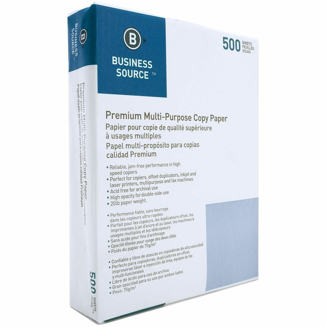 Image of Business Source Multipurpose Paper,92 Bright,20lb,8-1/2"x11",500/RM,10/CT,WE