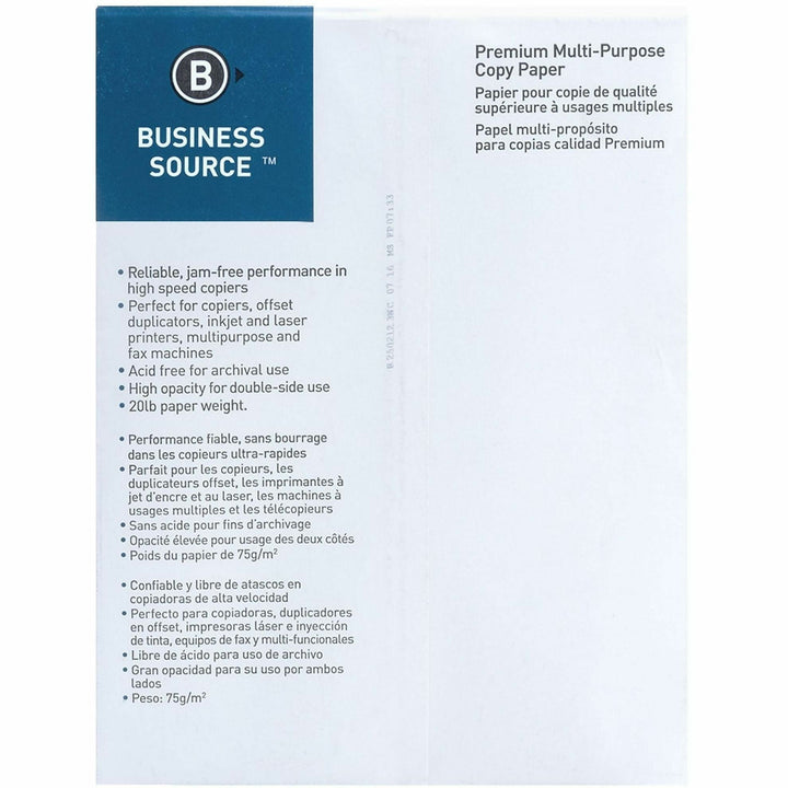 Image of Business Source Multipurpose Paper,92 Bright,20lb,8-1/2"x11",500/RM,10/CT,WE