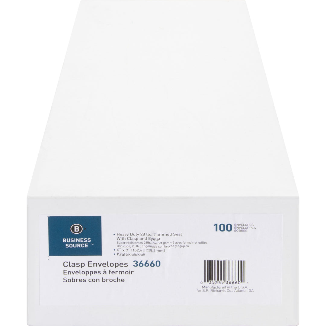 Image of Business Source Clasp Envelopes, 28 lb., 6"x9", 100/BX, Brown Kraft