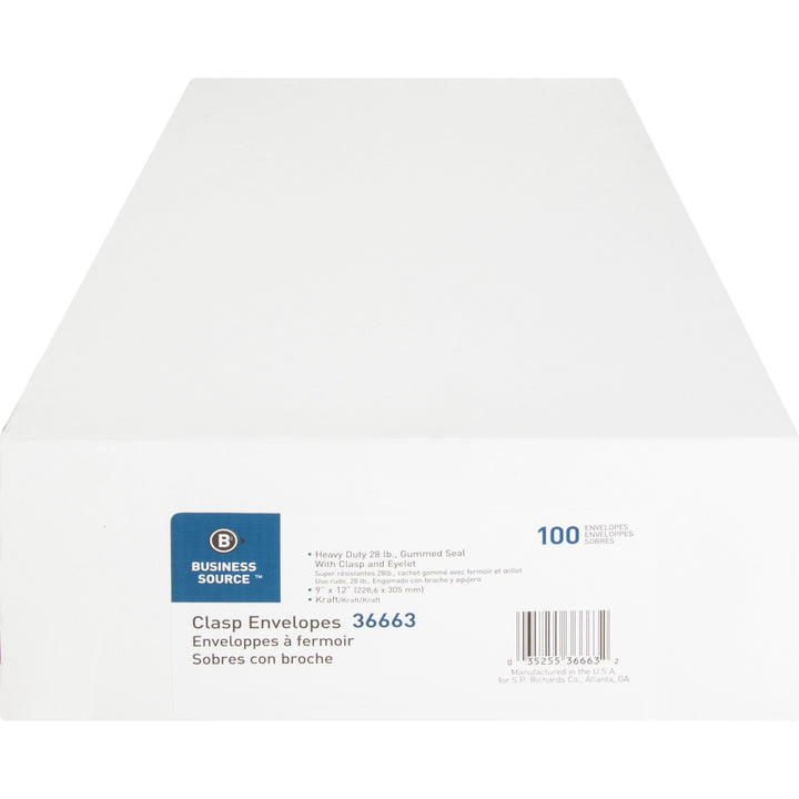 Image of Business Source Clasp Envelopes,28 lb.,9"x12",100/BX,Brown Kraft