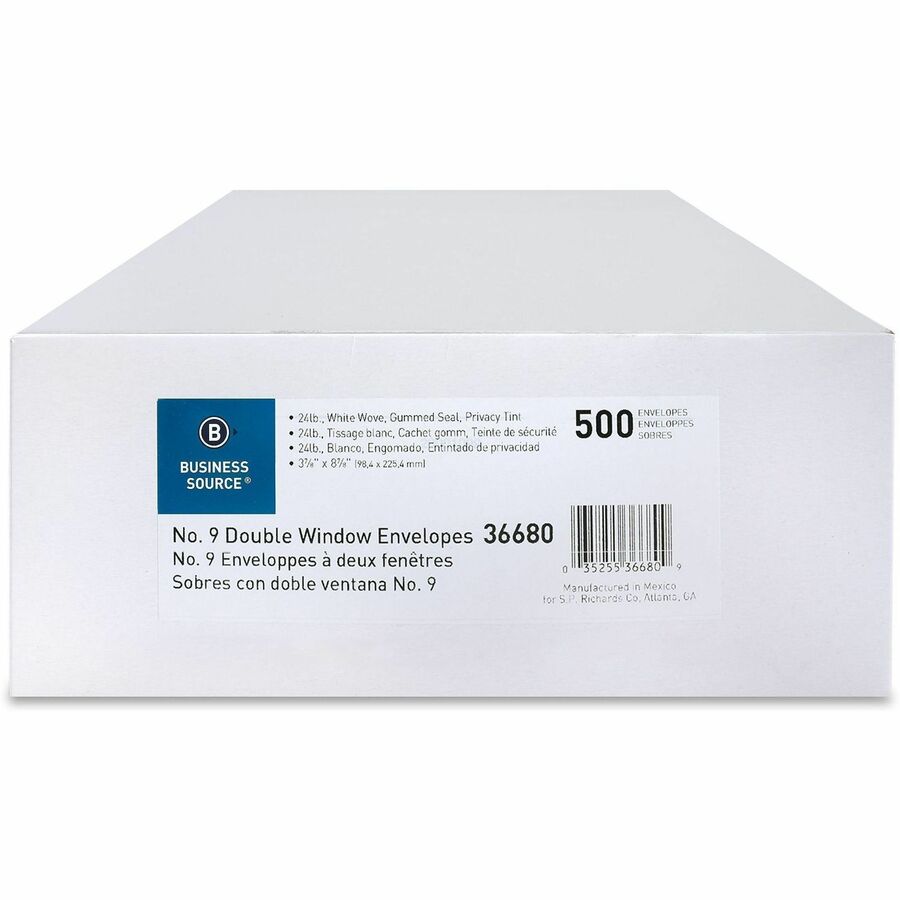 Image of Business Source Double Window Envelopes,No. 9,3-7/8"x8-7/8",500/BX,White