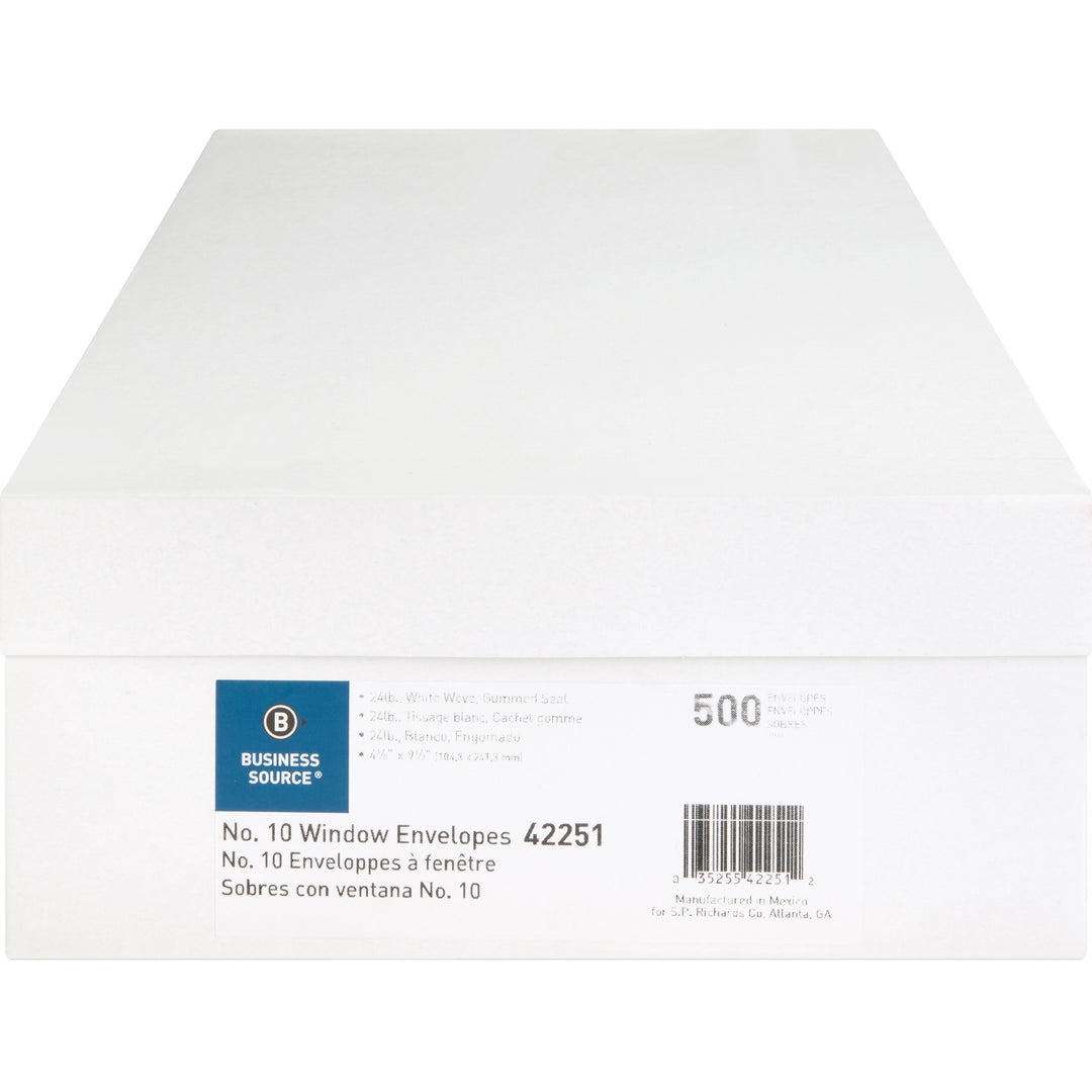 Image of Business Source Window Envelopes,No 10.,Side Seam,4-1/8"x9-1/2",500/BX,White