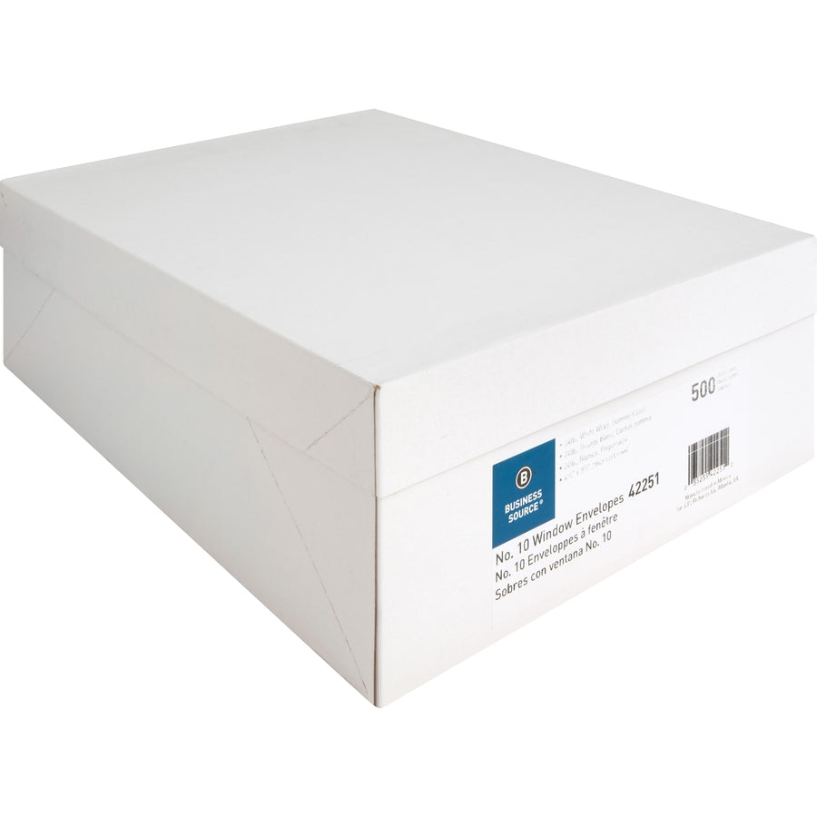 Image of Business Source Window Envelopes,No 10.,Side Seam,4-1/8"x9-1/2",500/BX,White