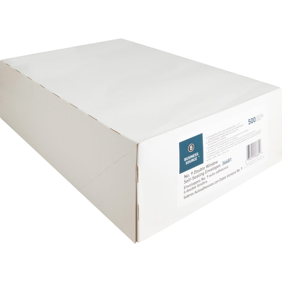 Image of Business Source Double Window Envelopes,No. 9,3-7/8"x8-7/8",500/BX,White