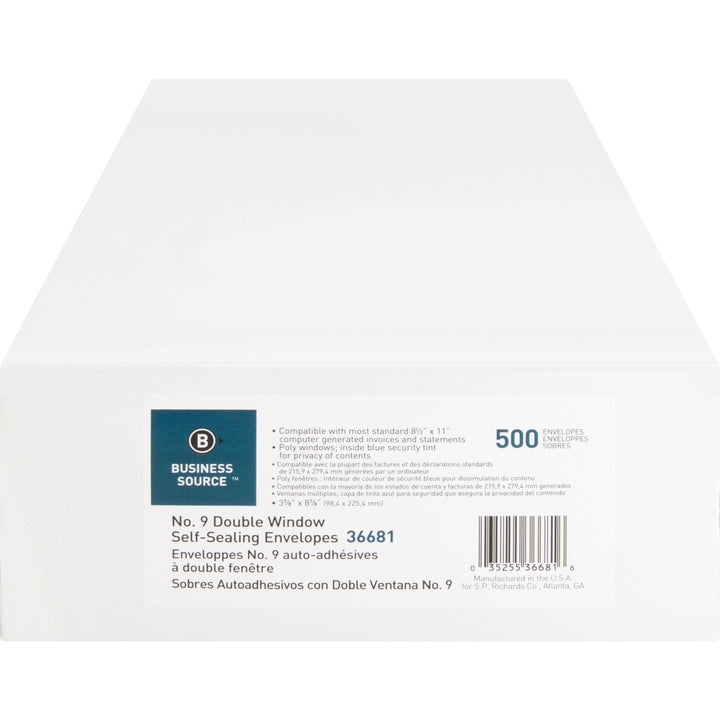 Image of Business Source Double Window Envelopes,No. 9,3-7/8"x8-7/8",500/BX,White