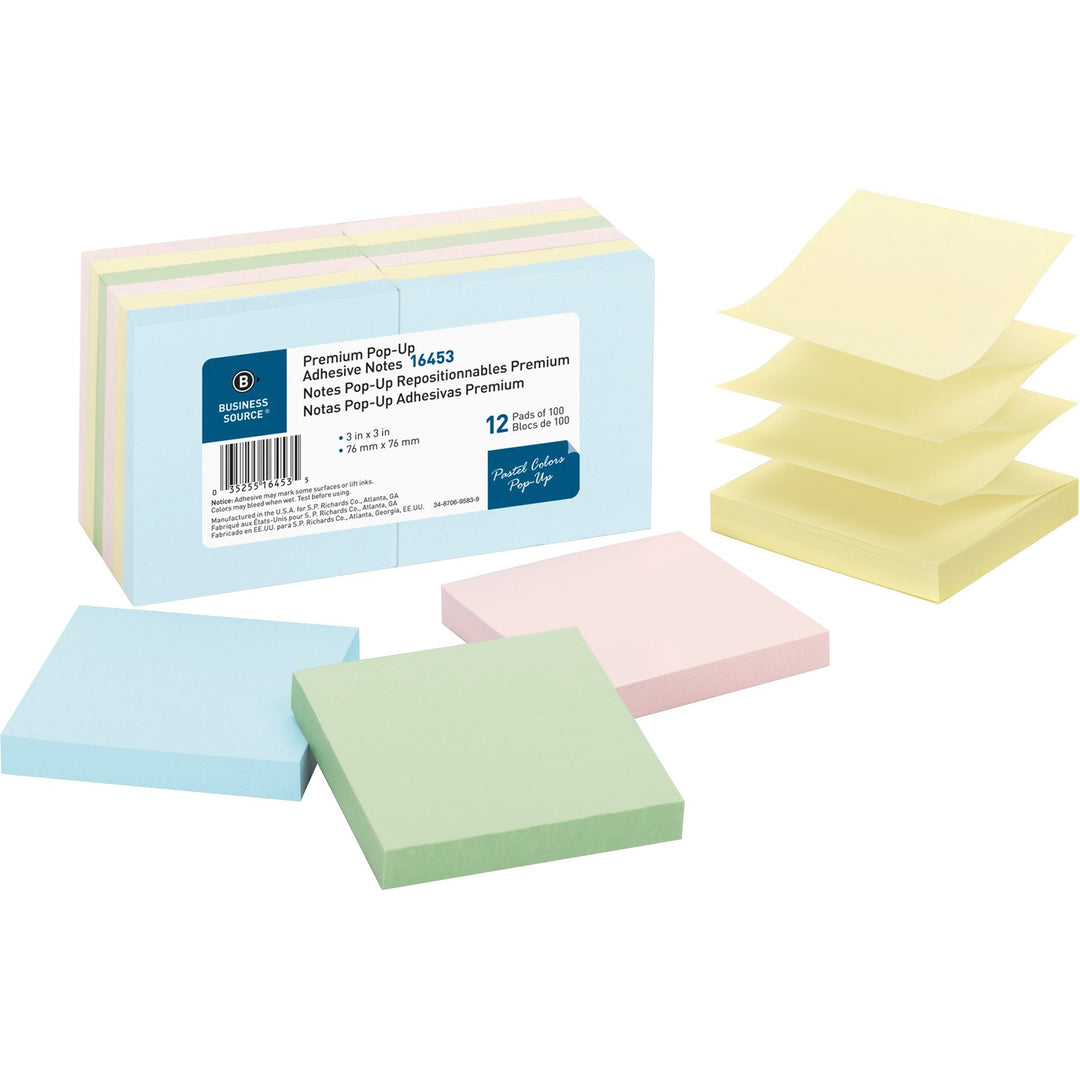 Image of Business Source Pop-up Adhesive Note Pads,3"x3",100 Sh,12/PK, AST Pastel