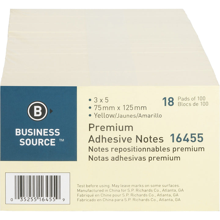 Image of Business Source Adhesive Note Pads, Plain, 3"x5", 100 Sht/PD, 18/PK, Yellow