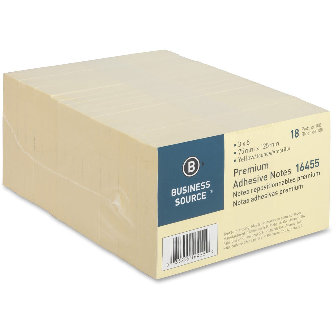 Image of Business Source Adhesive Note Pads, Plain, 3"x5", 100 Sht/PD, 18/PK, Yellow