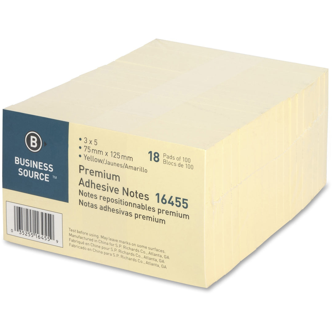 Image of Business Source Adhesive Note Pads, Plain, 3"x5", 100 Sht/PD, 18/PK, Yellow