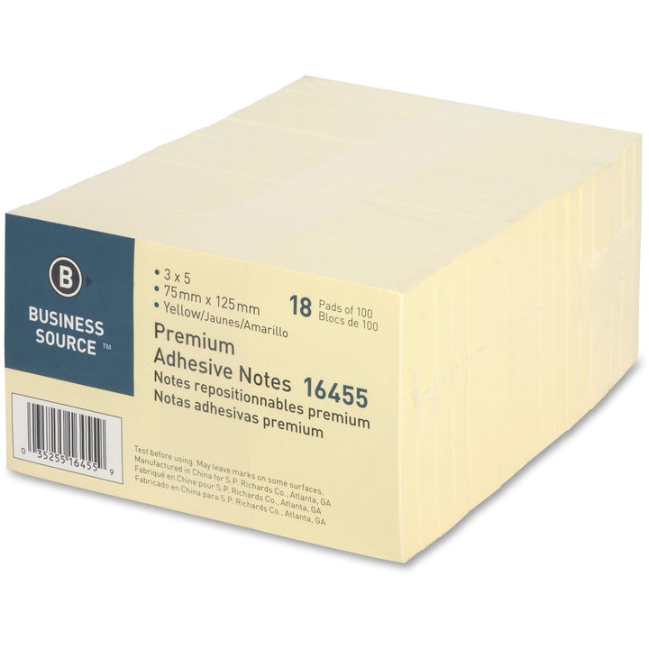 Image of Business Source Adhesive Note Pads, Plain, 3"x5", 100 Sht/PD, 18/PK, Yellow