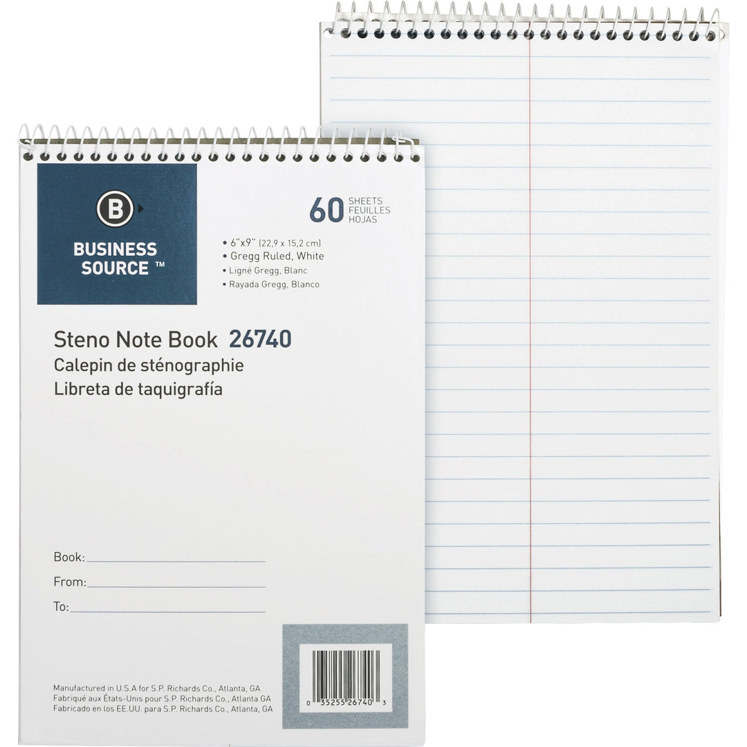 Image of Business Source Steno Notebook,Gregg Ruled,6"x9",60 Sheets,White Paper