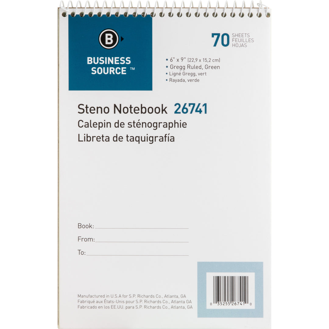 Image of Business Source Steno Notebook,Gregg Ruled,6"x9",70 Sheets,Green Paper