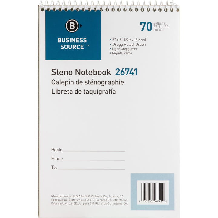 Image of Business Source Steno Notebook,Gregg Ruled,6"x9",70 Sheets,Green Paper