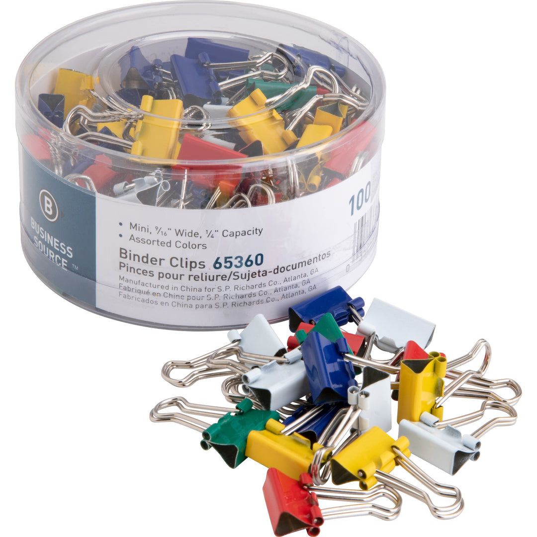 Image of Business Source Binder Clips, Mini, 9/16"W, 1/4" Capacity, 100/PK, Assorted
