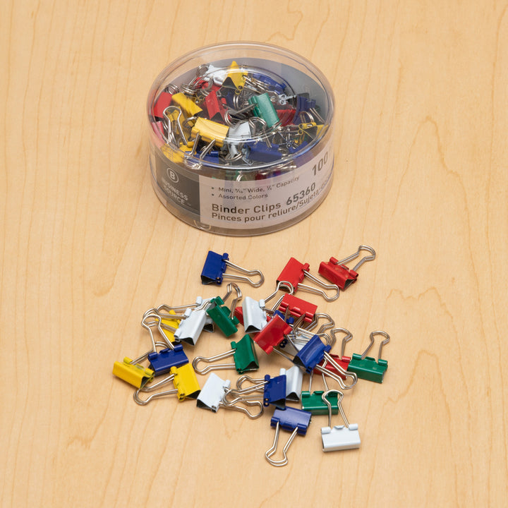 Image of Business Source Binder Clips, Mini, 9/16"W, 1/4" Capacity, 100/PK, Assorted
