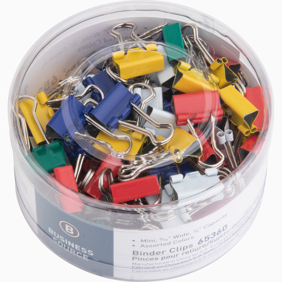 Image of Business Source Binder Clips, Mini, 9/16"W, 1/4" Capacity, 100/PK, Assorted