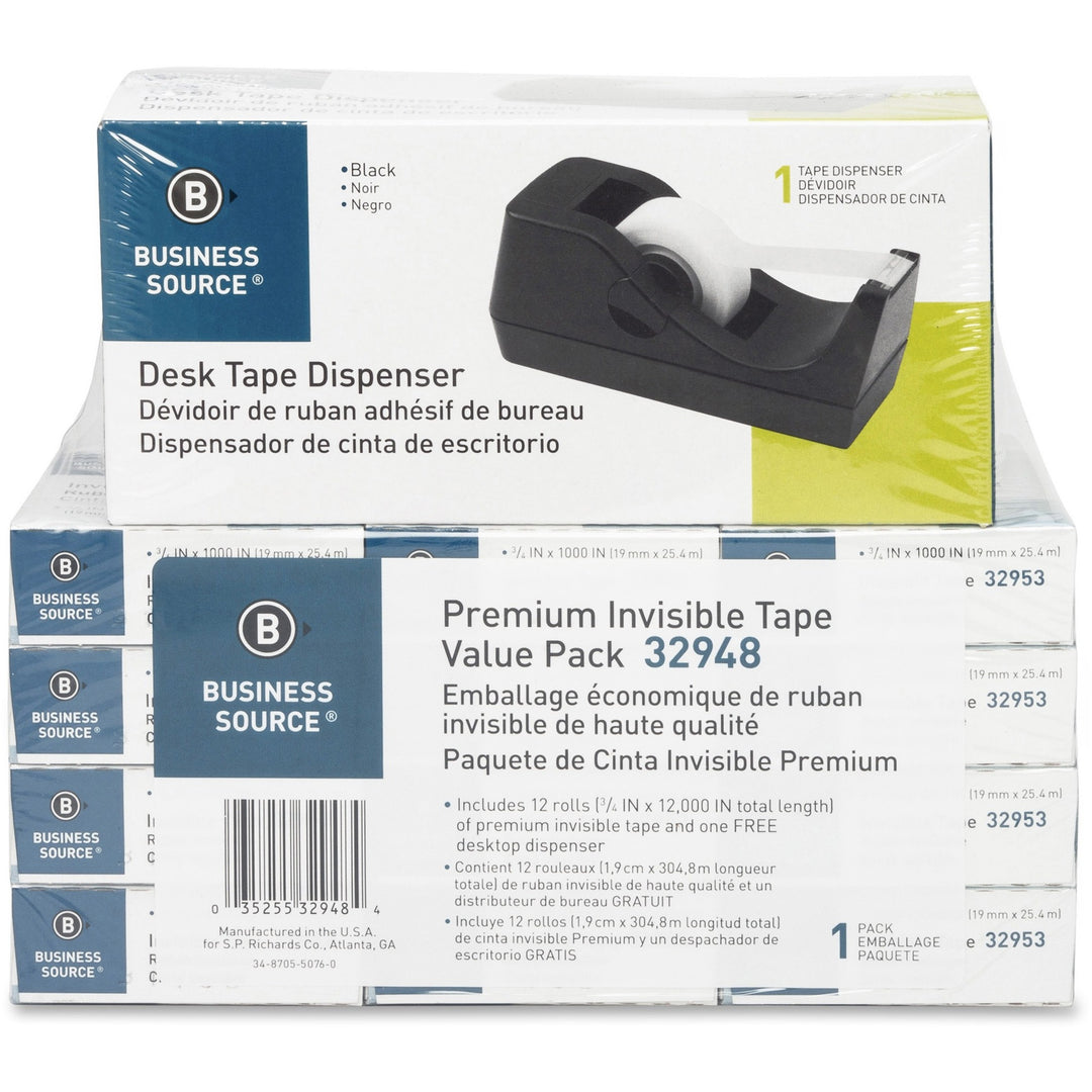 Image of Business Source Tape Dispenser Value Pack,1"Core, 3/4"x1000", 12/PK, BLK