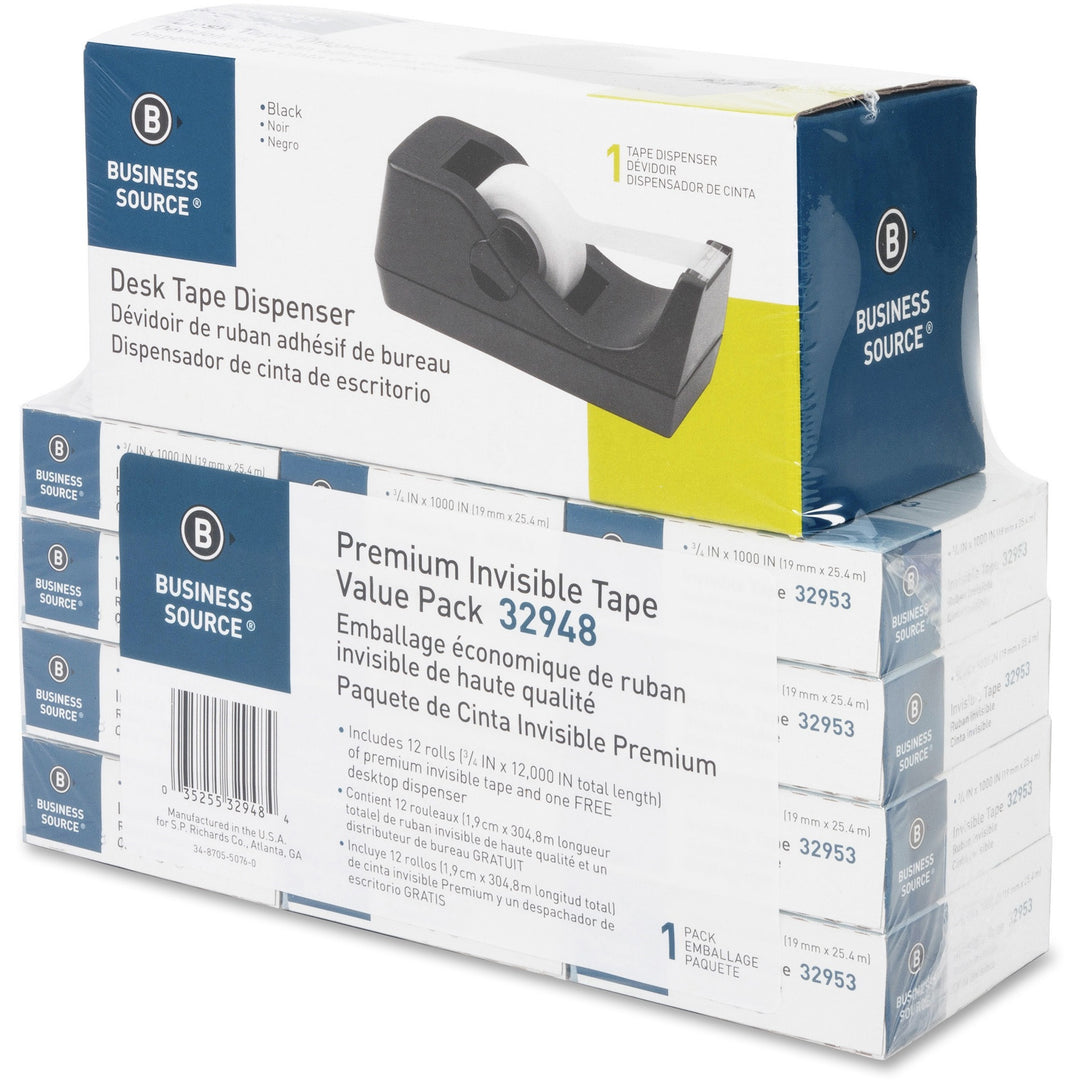 Image of Business Source Tape Dispenser Value Pack,1"Core, 3/4"x1000", 12/PK, BLK