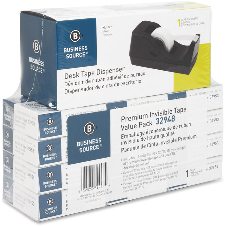 Image of Business Source Tape Dispenser Value Pack,1"Core, 3/4"x1000", 12/PK, BLK