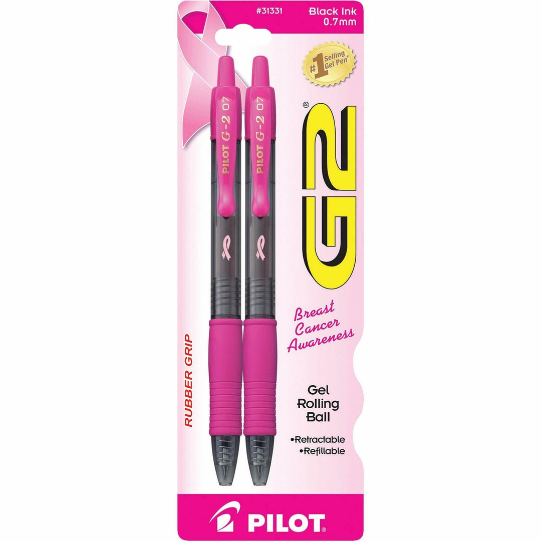 Image of G2 31331 Gel Rollingball Pens, 0.7 mm Fine Pen Point, Refillable, Retractable, Black Ink, Gel-based, Pink, Black Barrel, 2 / Pack