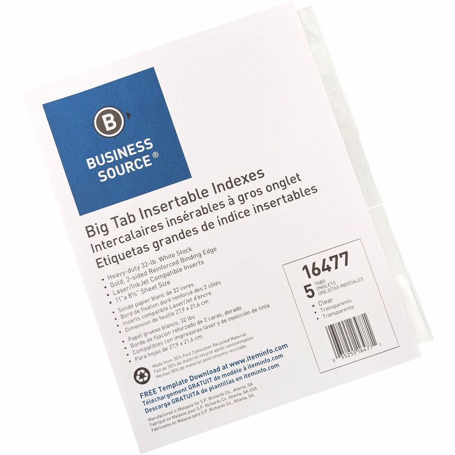 Image of Business Source Index Dividers,11"x8-1/2",5/ST,White Stock/Clear Tabs