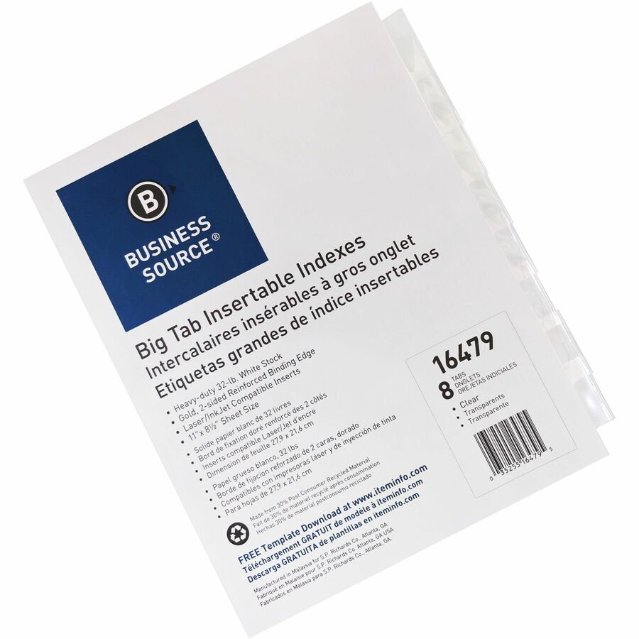 Image of Business Source Index Dividers,11"x8-1/2",8/ST, White Stock/Clear Tabs