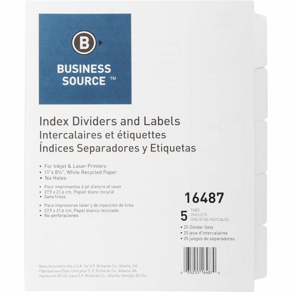 Image of Business Source Index Dividers, Unpunched, 5-Tab, 25 Sets/BX, White